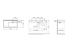 Technical Drawing -  LAUFEN Kartell Wall Basin with Shelf Right Hand Bowl 900mm x 460mm 1 Taphole