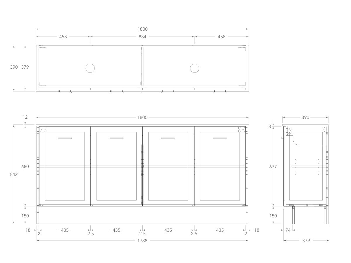 Technical Drawing - Kado Lux Ensuite All Door 1800mm Floor Mount Double Basin 12mm Durasein Top