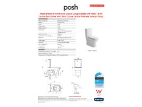 Specification Sheet - Posh Domaine Rimless Close Coupled Back to Wall Toilet Suite Back Inlet with Soft Close Quick Release Seat (4 Star)