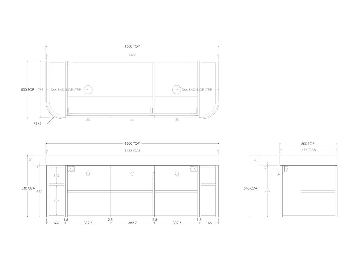 Technical Drawing - Kado Era Double Curve All Door 1500mm Wall Hung Vanity Double Basin 90mm Durasein Top