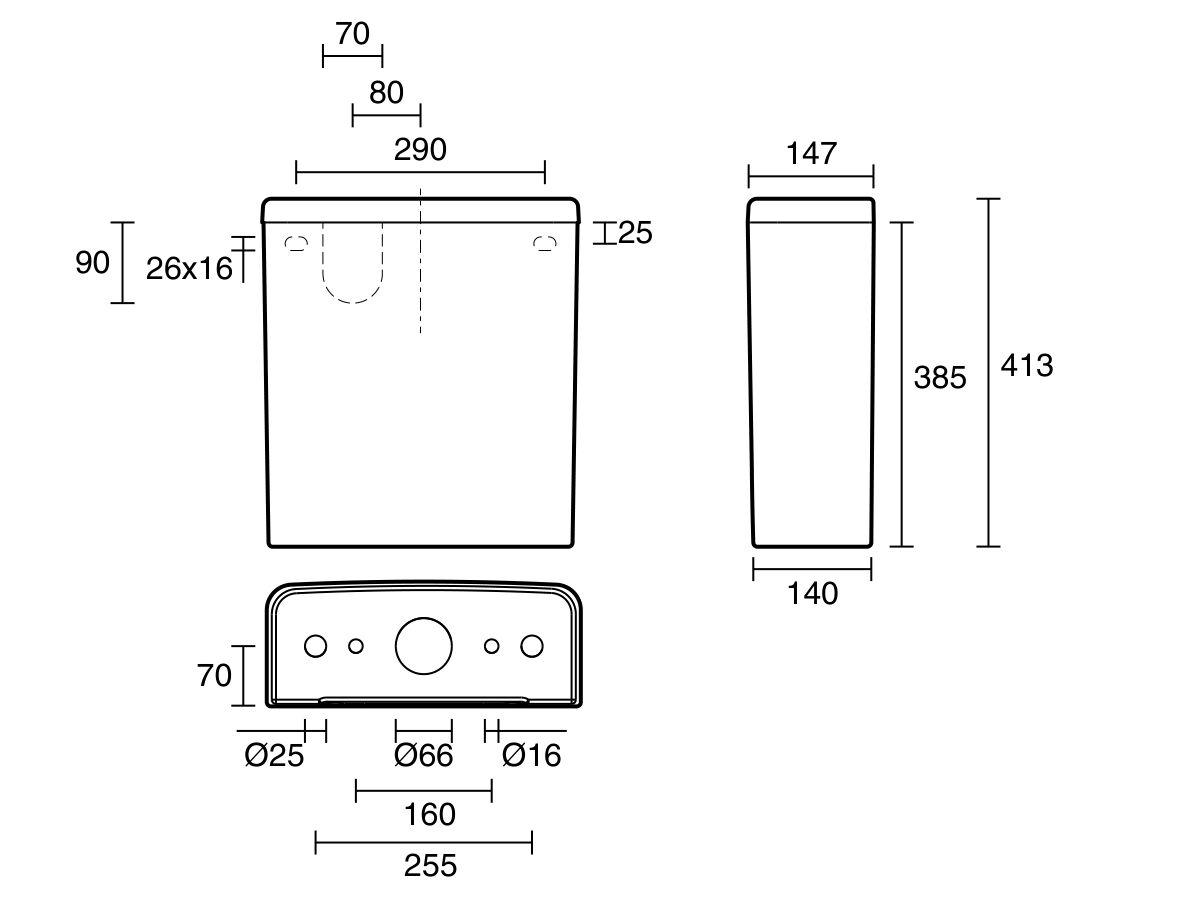 Technical Drawing - Kado Lussi Close Coupled Back to Wall Rimless Overheight Cistern White (4 Star)