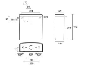 Technical Drawing - Kado Lussi Close Coupled Back to Wall Rimless Overheight Cistern White (4 Star)