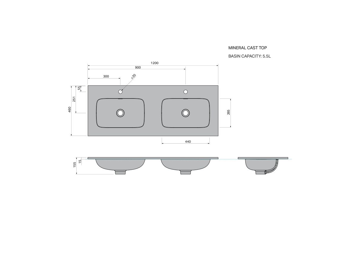 Technical Drawing - Posh Domaine Mineral Cast Top 1200mm Double Bowl