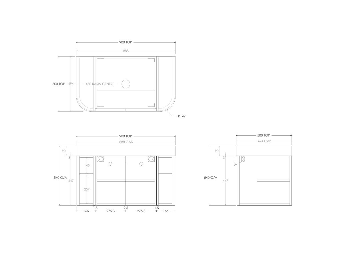 Technical Drawing - Kado Era Double Curve All Door 900mm Wall Hung Vanity Centre Basin 90mm Durasein Top