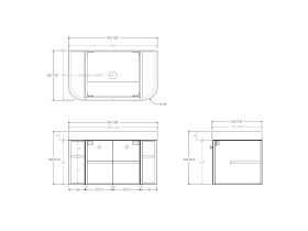 Technical Drawing - Kado Era Double Curve All Door 900mm Wall Hung Vanity Centre Basin 90mm Durasein Top