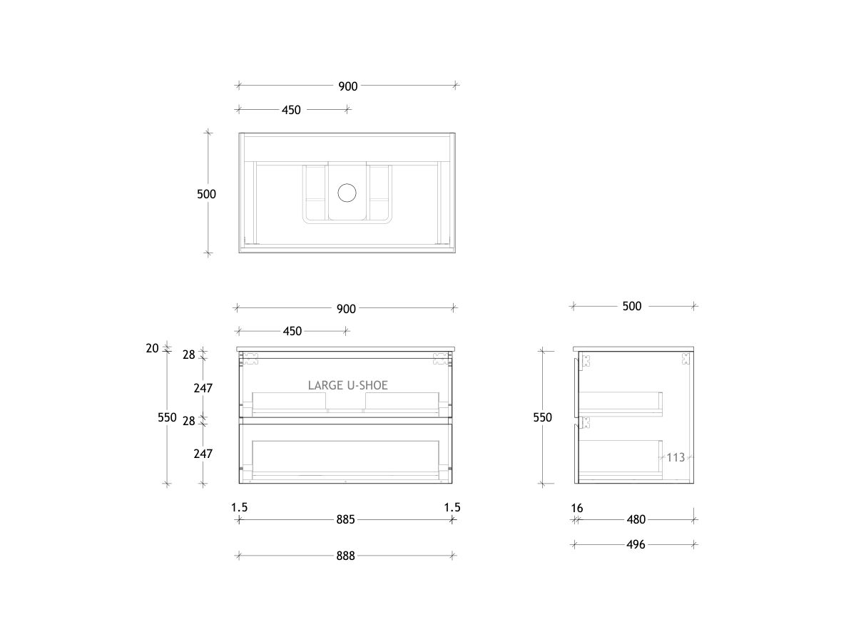 Technical Drawing - Posh Domaine All Drawer Twin 900mm Wall Hung Vanity Centre Basin 20mm Top