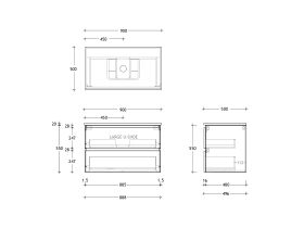 Technical Drawing - Posh Domaine All Drawer Twin 900mm Wall Hung Vanity Centre Basin 20mm Top