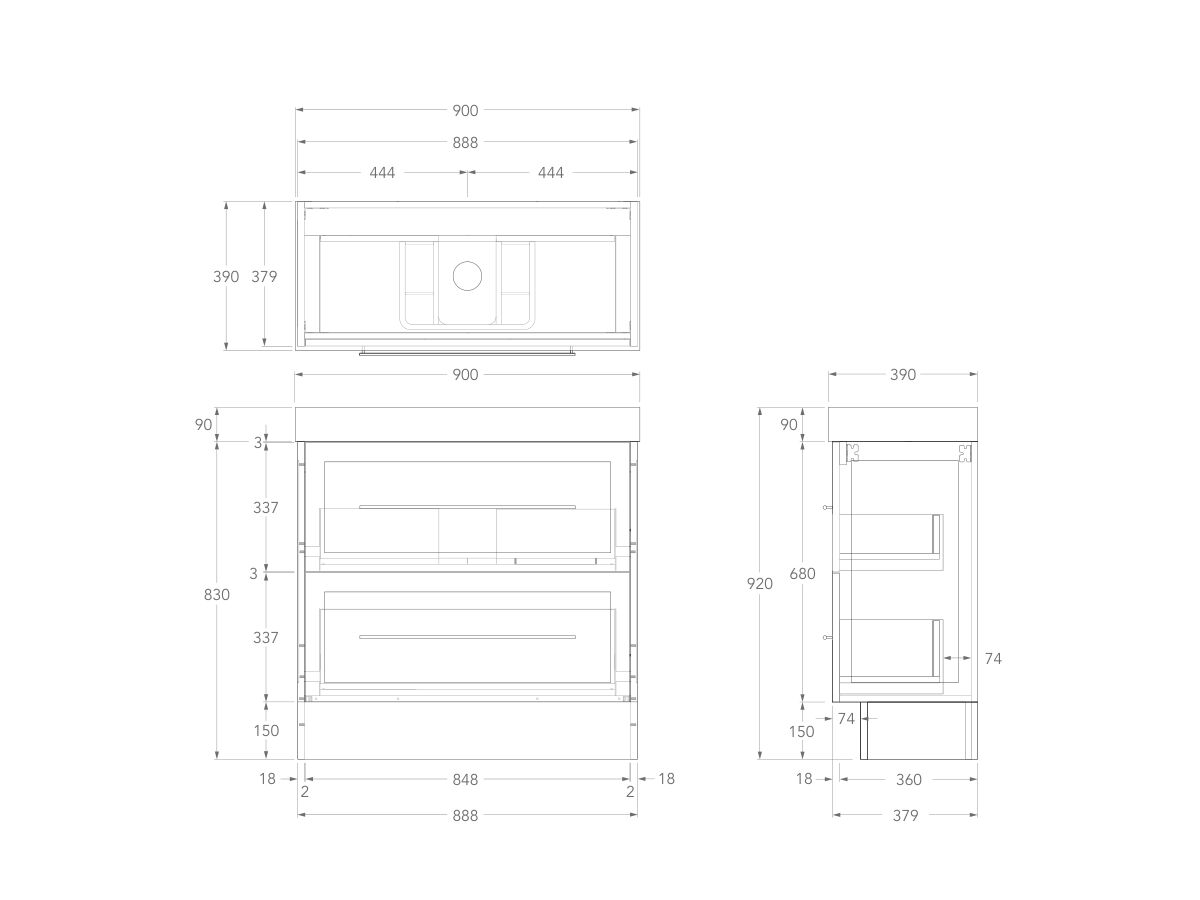 Technical Drawing - Kado Lux Ensuite All Drawer Twin 900mm Floor Mount Centre Basin 90mm Top