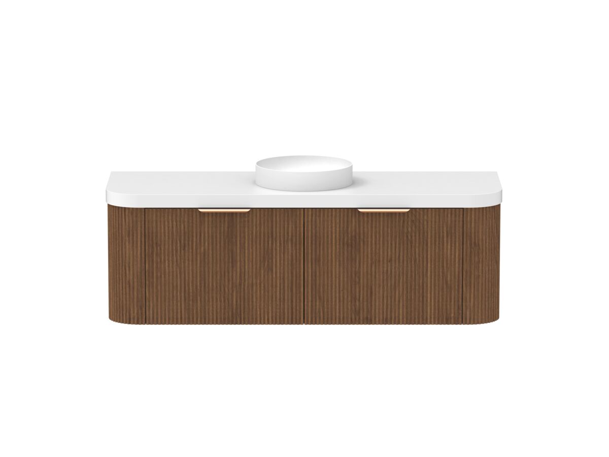 Hero - Kado Neue Fluted Double Curve All Drawer 1500mm Wall Hung Vanity with Centre Basin Durasein 50mm Top Florentine Walnut