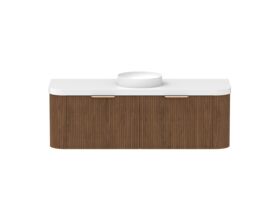 Hero - Kado Neue Fluted Double Curve All Drawer 1500mm Wall Hung Vanity with Centre Basin Durasein 50mm Top Florentine Walnut