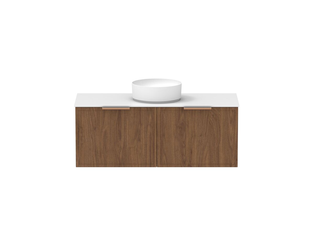 Supporting Image - Kado Lux Slim All Drawer 1200mm Wall Hung Vanity with Centre Basin Durasein 12mm Top Florentine Walnut