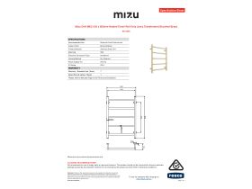 Specification Sheet - Mizu Drift MK2 550 x 800mm Heated Towel Rail Only (Less Transformer) Brushed Brass