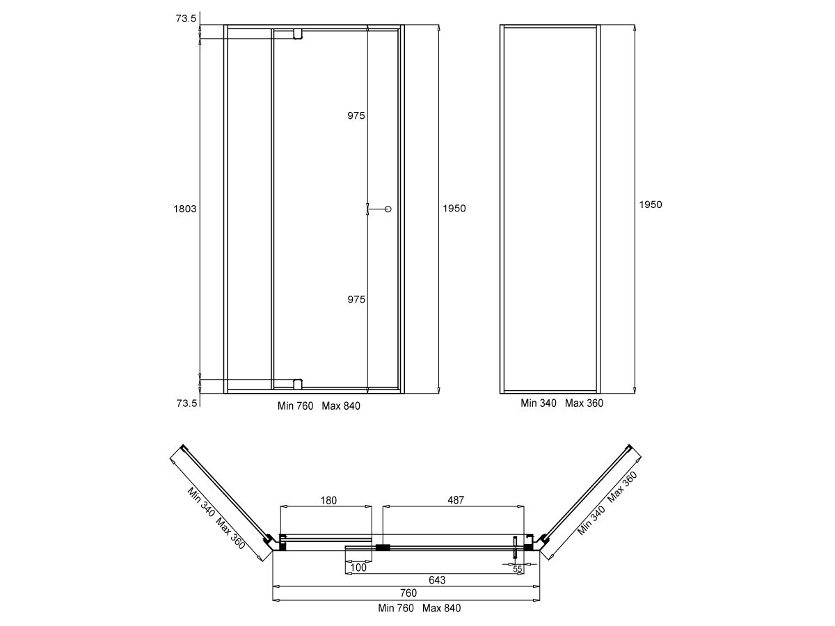 Creative Glass Semi-Framed Adjustable Corner/ Angled Shower Screen with Pivot Door - Height 1950 x Front 760-840 x Return 340-3605mm Clear Toughened Glass and Polished Silver Frame