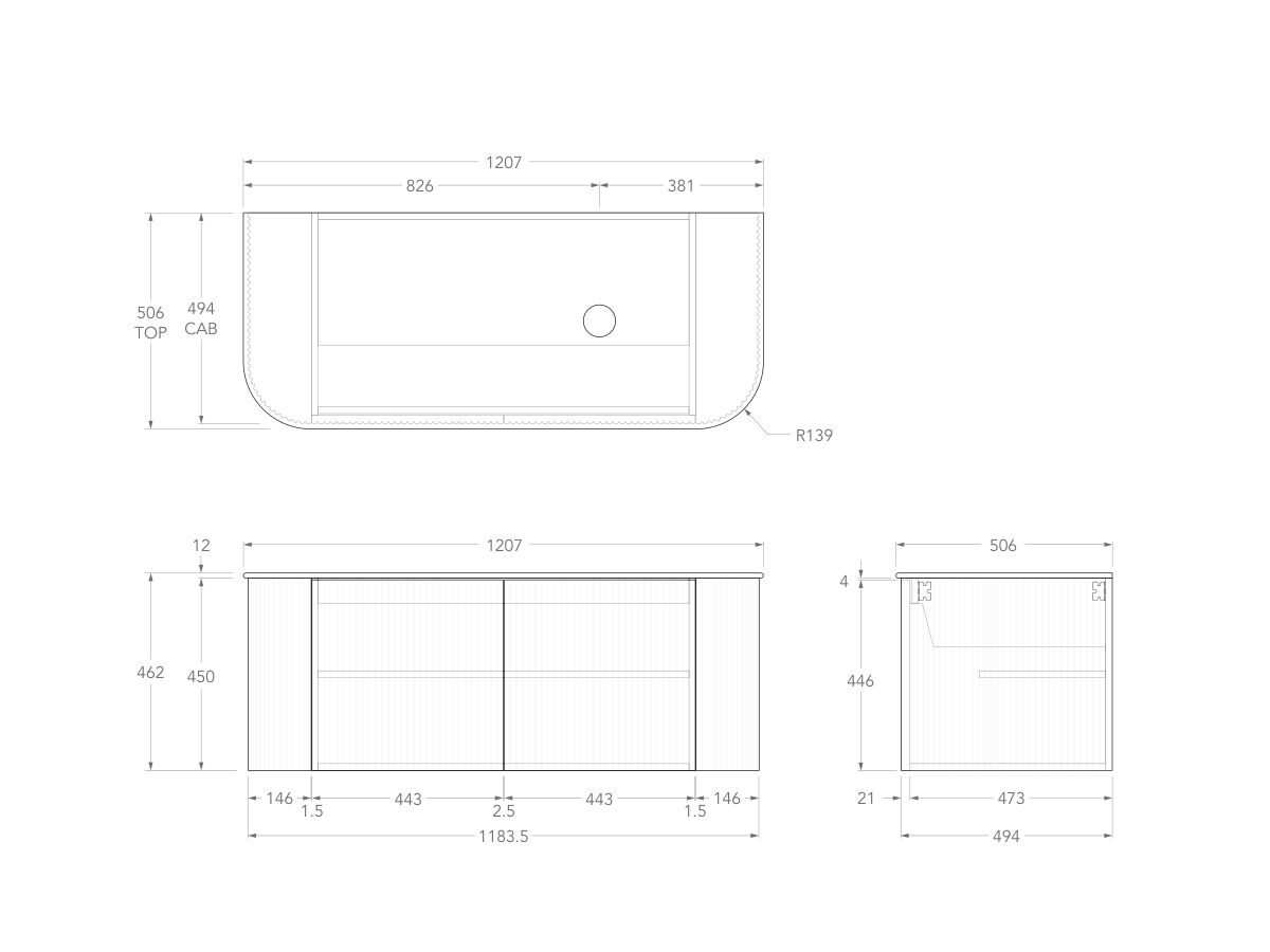 Technical Drawing - Kado Neue Fluted Double Curve All Door 1200mm Wall Hung Vanity with Right Hand Basin Durasein 12mm Top