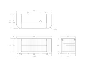 Technical Drawing - Kado Neue Fluted Double Curve All Door 1200mm Wall Hung Vanity with Right Hand Basin Durasein 12mm Top