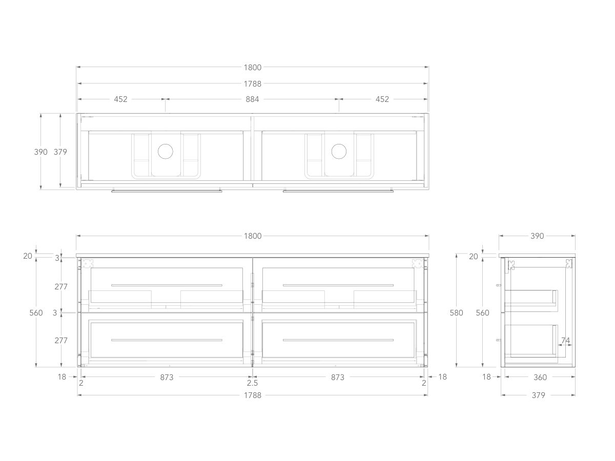 Technical Drawing - Kado Lux Ensuite All Drawer Twin 1800mm Wall Hung Double Basin 20mm Top