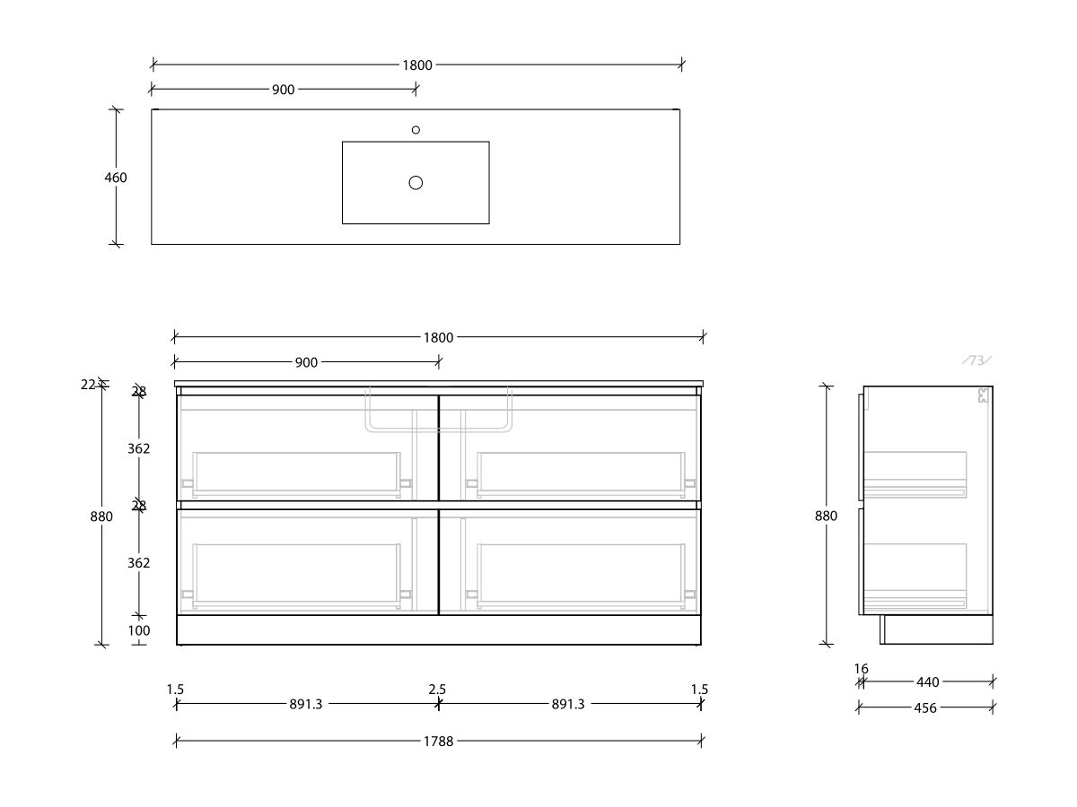 Posh Domaine & Domaine Plus All-Drawer Twin 1800mm Floor Mounted Vanity Unit Single Bowl Cast Marble Top Centre Basin