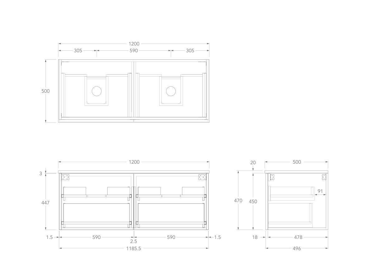 Technical Drawing - Kado Lux Slim All Drawer 1200mm Wall Hung Vanity with Double Basin 20mm Top