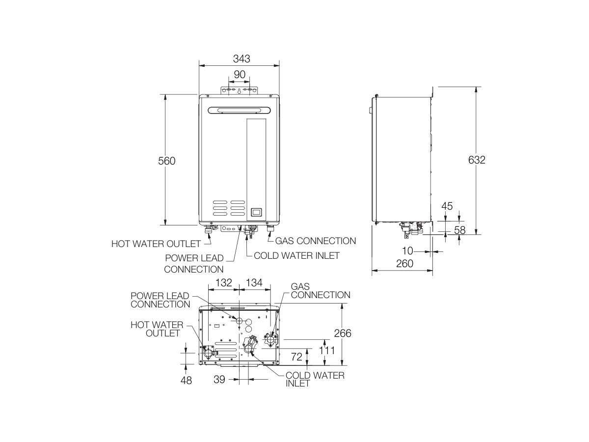 Technical Drawing - Rheem Ultra 28L Gas Continuous Flow Water Heater