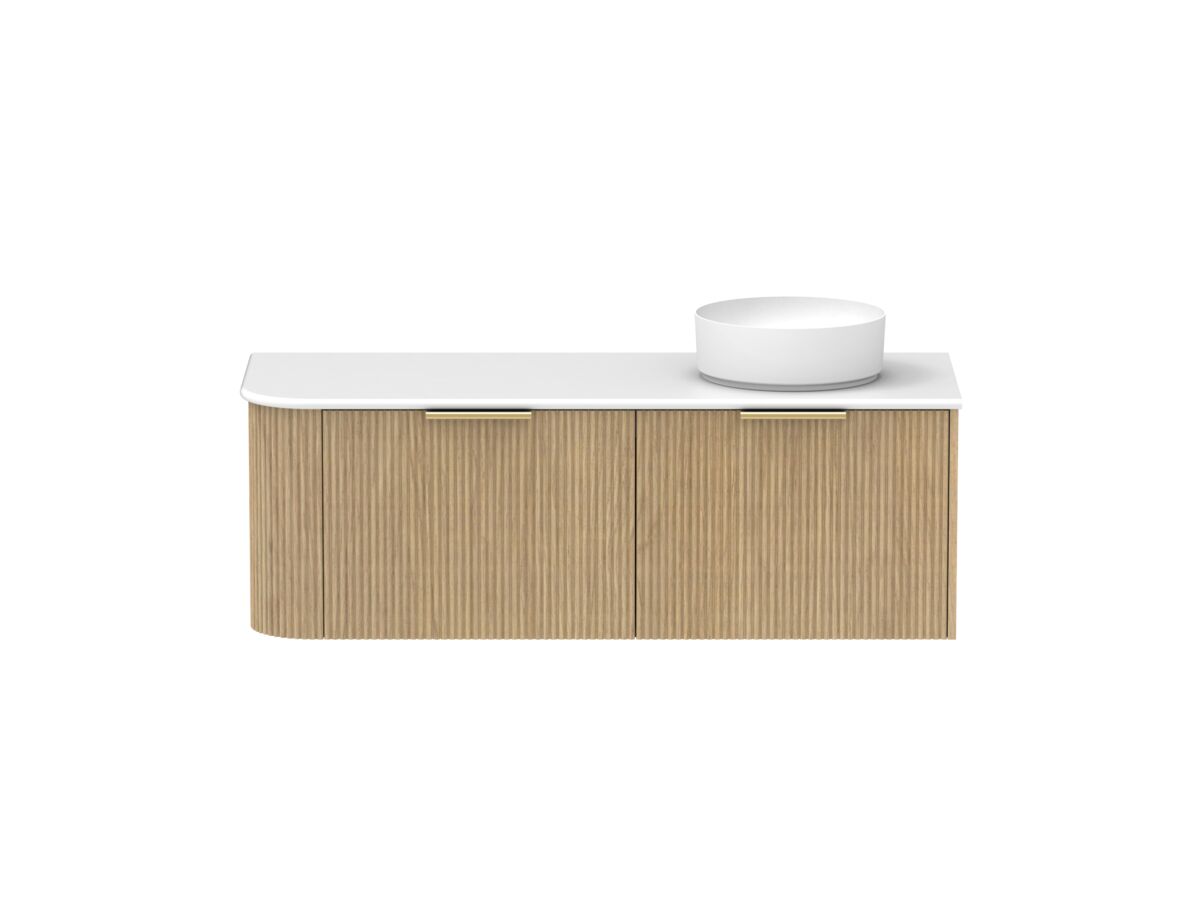 Supporting Image - Kado Neue Fluted Single Curve All Drawer 1350mm Wall Hung Vanity with Right Hand Basin 20mm Top Boston Oak