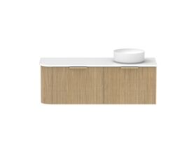 Supporting Image - Kado Neue Fluted Single Curve All Drawer 1350mm Wall Hung Vanity with Right Hand Basin 20mm Top Boston Oak