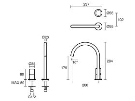 Technical Drawing - Mizu Drift Dial Medium Height Hob Mixer (6 Star) Lead Free