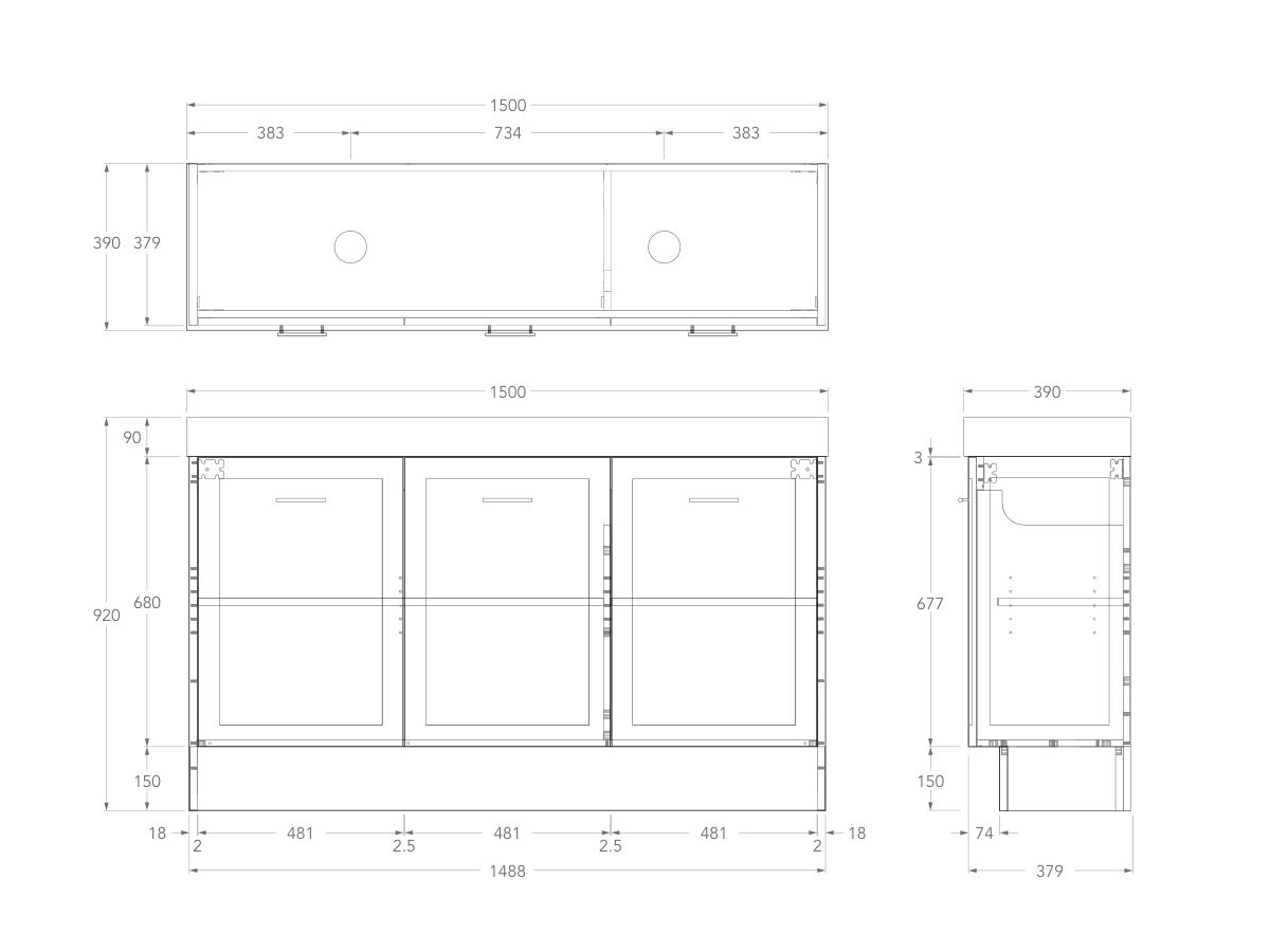 Technical Drawing - Kado Lux Ensuite All Door 1500mm Floor Mount Double Basin 90mm Top
