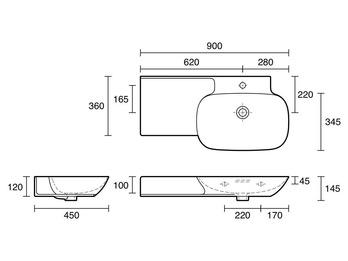 LAUFEN Ino Wall Basin with Shelf Right Hand Bowl 900mm x 450mm 1 Taphole with Overflow