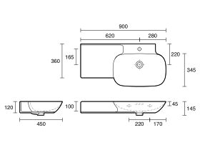LAUFEN Ino Wall Basin with Shelf Right Hand Bowl 900mm x 450mm 1 Taphole with Overflow
