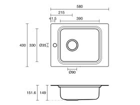 Technical Drawing - Posh Solus Care Single Bowl Sink One Taphole No Overflow Stainless Steel