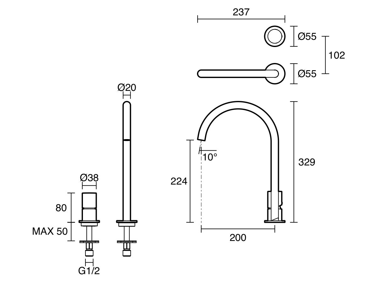 Technical Drawing - Mizu Drift Dial Extended Height Hob Mixer (5/6 Star) Lead Free