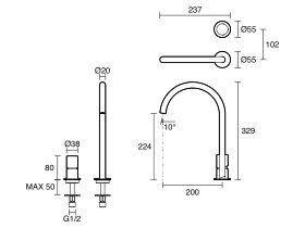 Technical Drawing - Mizu Drift Dial Extended Height Hob Mixer (5/6 Star) Lead Free