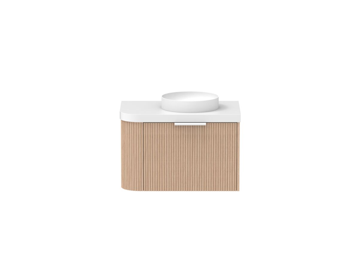 Supporting Image - Kado Neue Fluted Single Curve All Drawer 750mm Wall Hung Vanity with Centre Basin Durasein 50mm Top Blonde Oak