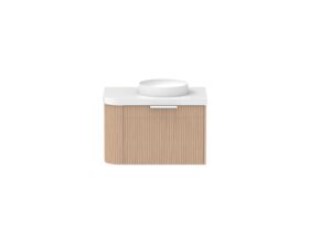 Supporting Image - Kado Neue Fluted Single Curve All Drawer 750mm Wall Hung Vanity with Centre Basin Durasein 50mm Top Blonde Oak