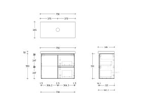 Technical Drawing - Posh Domaine 750mm Ensuite Wall Hung Vanity Unit 50mm Top