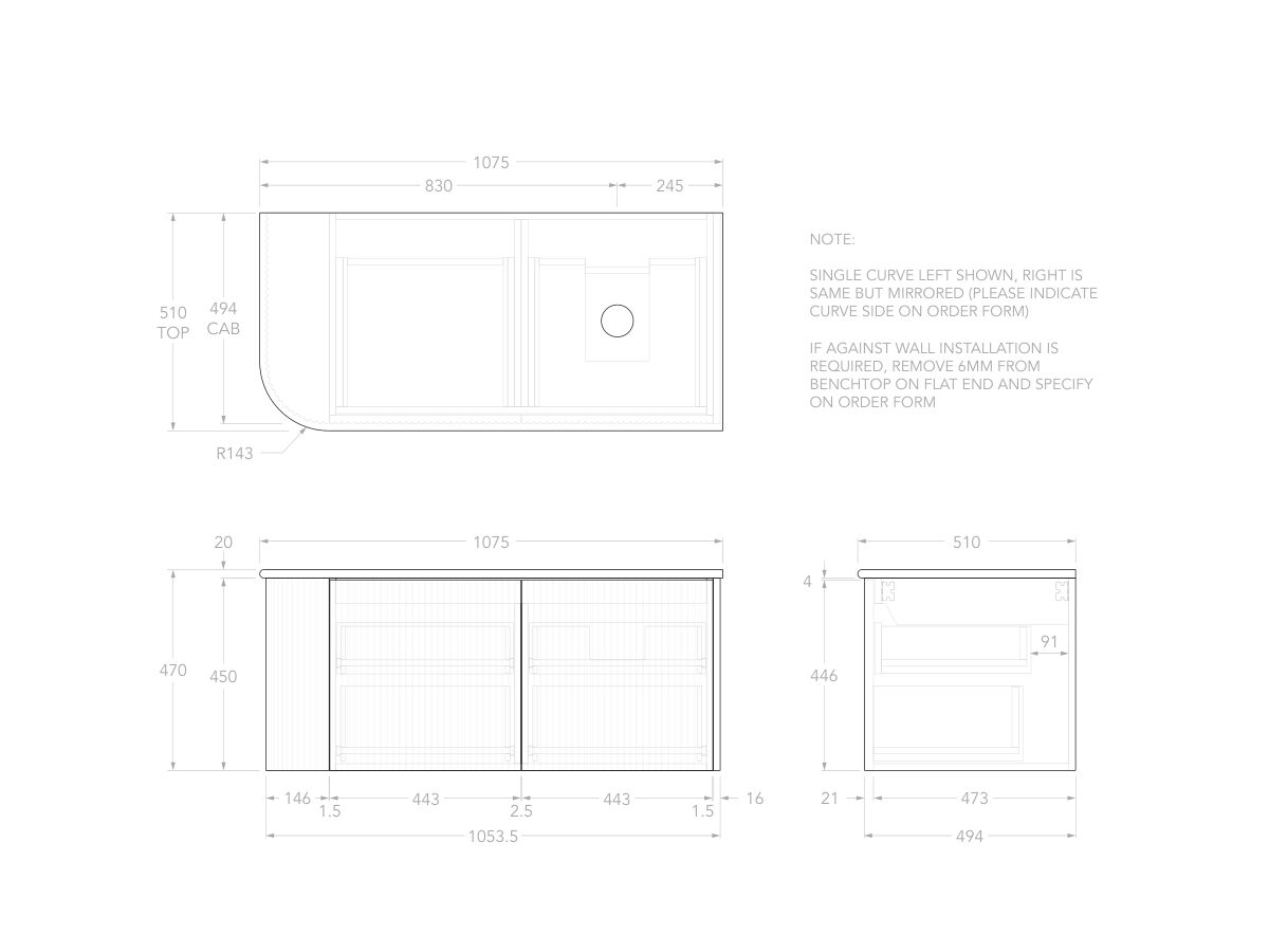 Technical Drawing - Kado Neue Fluted Single Curve All Drawer 1050mm Wall Hung Vanity with Right Hand Basin 20mm Top