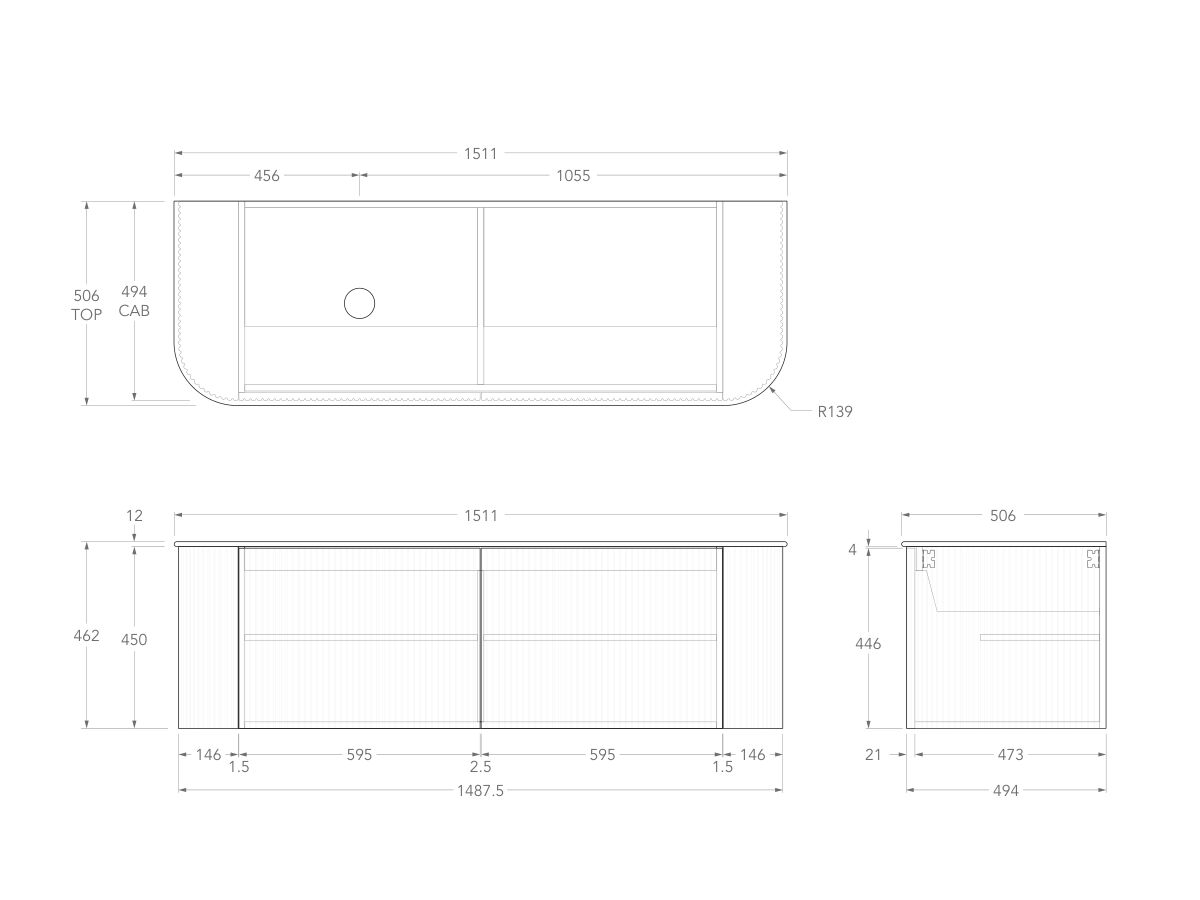 Technical Drawing - Kado Neue Fluted Double Curve All Door 1500mm Wall Hung Vanity with Left Hand Basin Durasein 12mm Top