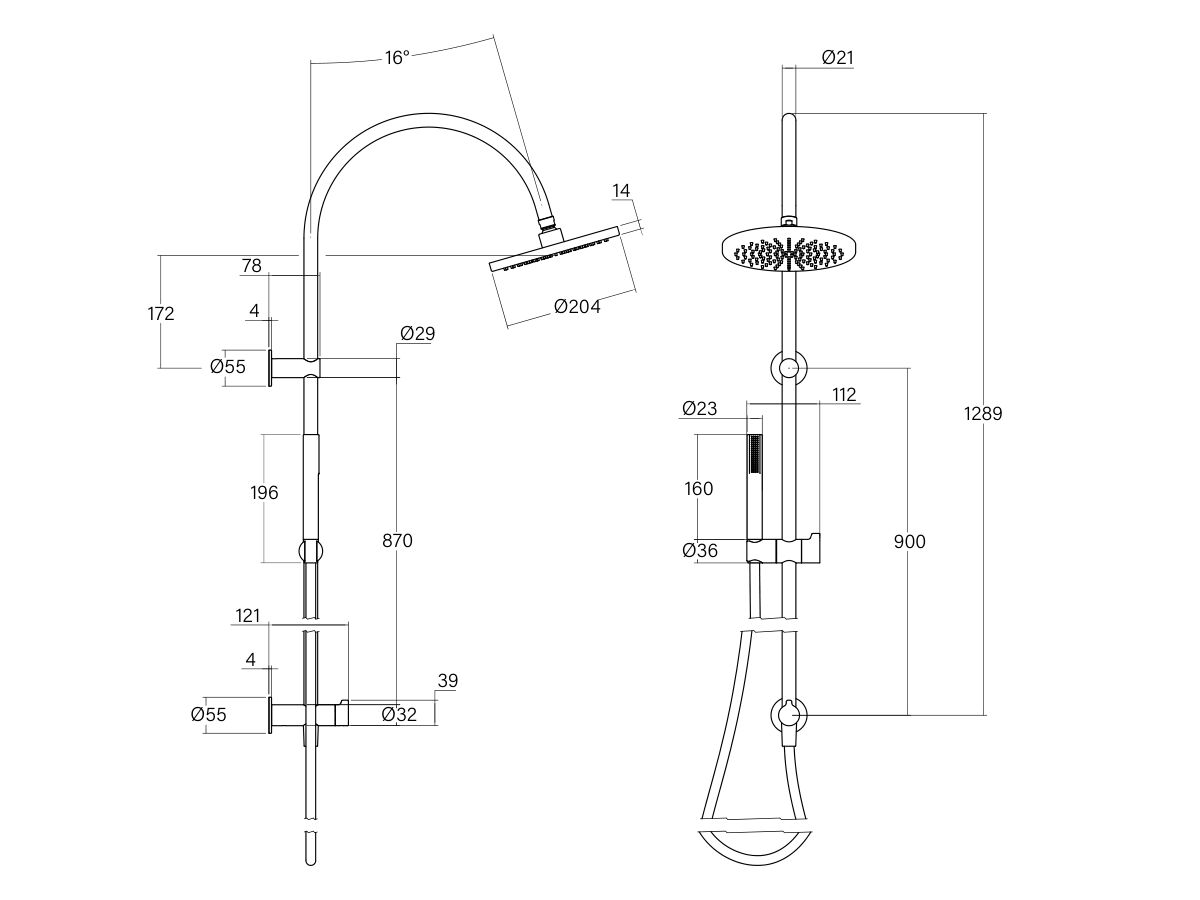 Technical Drawing - Faucet Strommen Vara Fin Twin Rail Shower (3 Star)