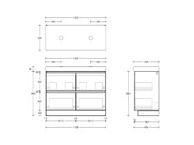 Technical Drawing - Posh Domaine All-Drawer Twin 1200mm Floor Mounted Vanity Unit Double Bowl 90mm Top