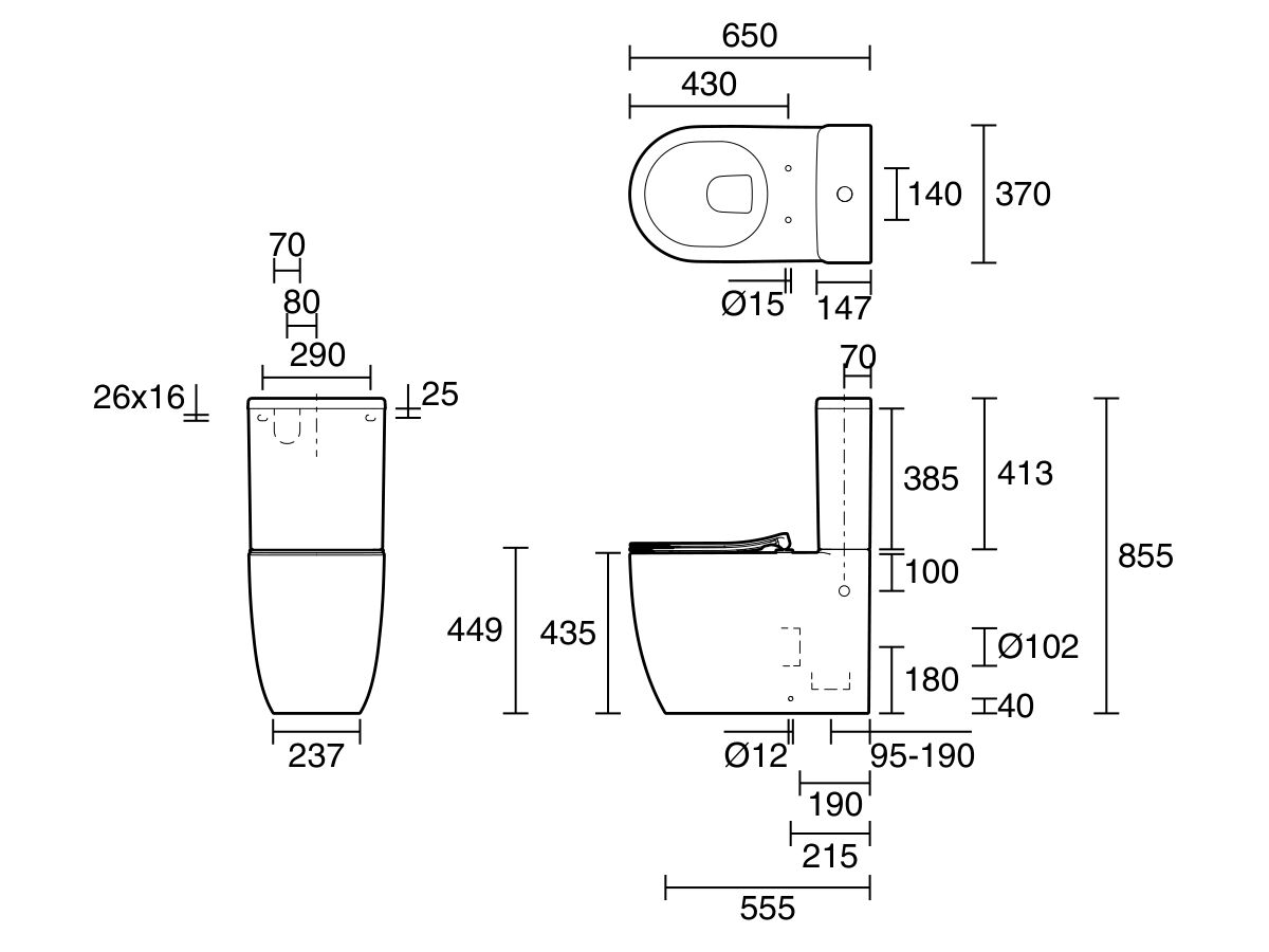 Technical Drawing - Kado Lussi Rimless Close Coupled Back to Wall Rimless Overheight Bottom Inlet Toilet Suite with Soft Close Quick Release Seat White (4 Star)