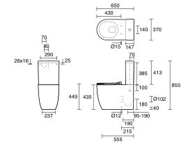 Technical Drawing - Kado Lussi Rimless Close Coupled Back to Wall Rimless Overheight Bottom Inlet Toilet Suite with Soft Close Quick Release Seat White (4 Star)