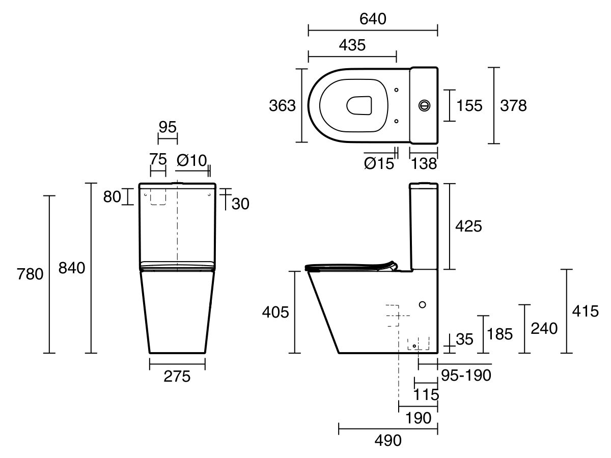 Technical Drawing - Posh Solus Close Coupled Back to Wall MK2 Rimless Back Inlet Toilet Suite Thin Seat (4 Star)