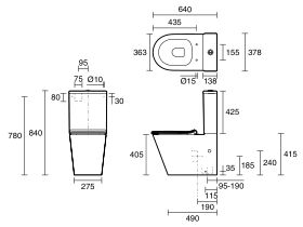 Technical Drawing - Posh Solus Close Coupled Back to Wall MK2 Rimless Back Inlet Toilet Suite Thin Seat (4 Star)