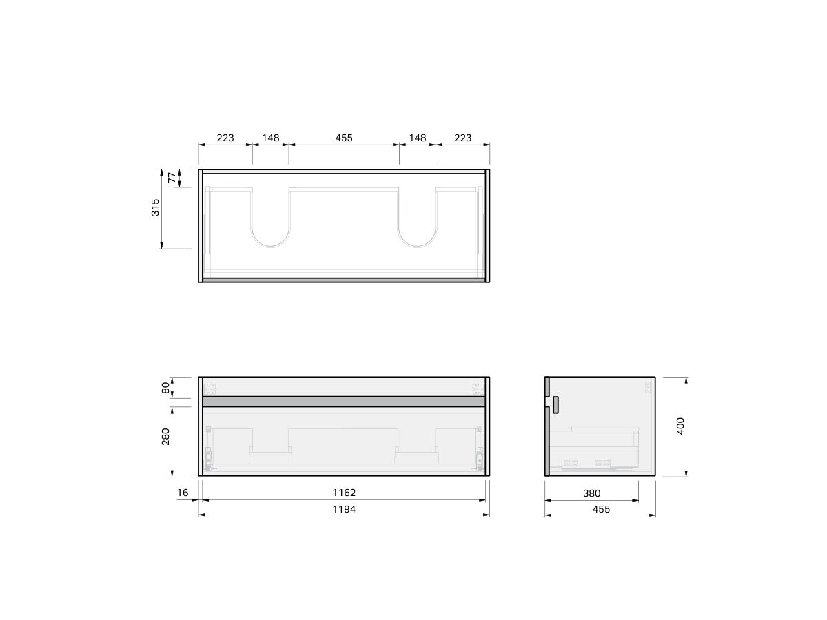 Technical Drawing - Posh Domaine Single 1200 Double Bowl Wall Hung Ceramic Top