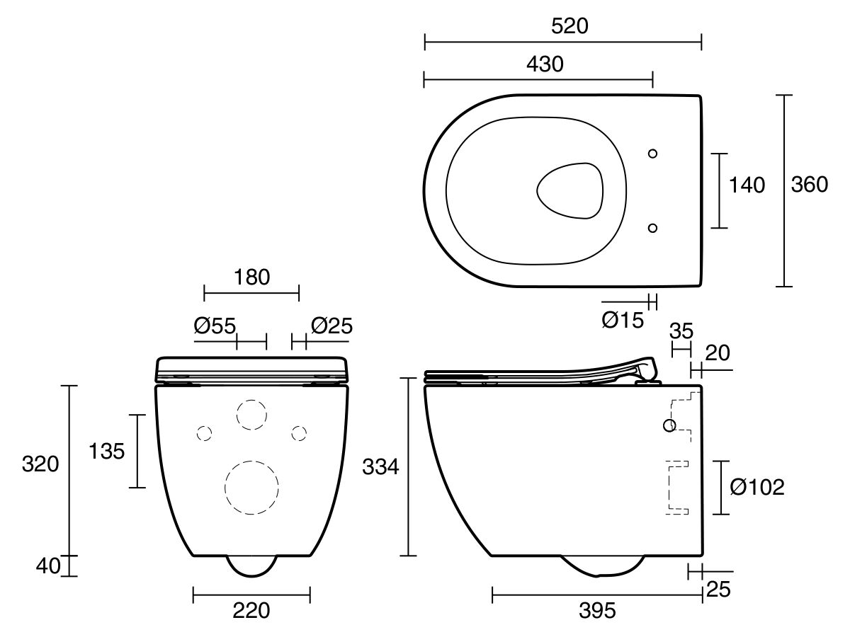 Technical Drawing - Kado Lussi Rimless Wall Hung Pan Soft Close Quick Release Seat White (4 Star)