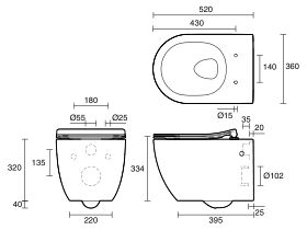 Technical Drawing - Kado Lussi Rimless Wall Hung Pan Soft Close Quick Release Seat White (4 Star)