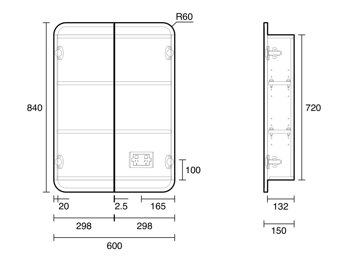 Technical Drawing - Kado Lux Framed 2 Door Mirror Shaving Cabinet 600mm x 840mm