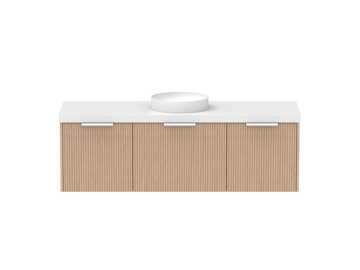 Supporting Image - Kado Neue Fluted Square All Drawer 1500mm Wall Hung Vanity with Centre Basin 50mm Top Blonde Oak
