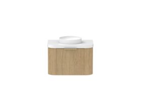 Supporting Image - Kado Neue Fluted Double Curve All Drawer 750mm Wall Hung Vanity with Centre Basin Durasein 50mm Top Boston Oak