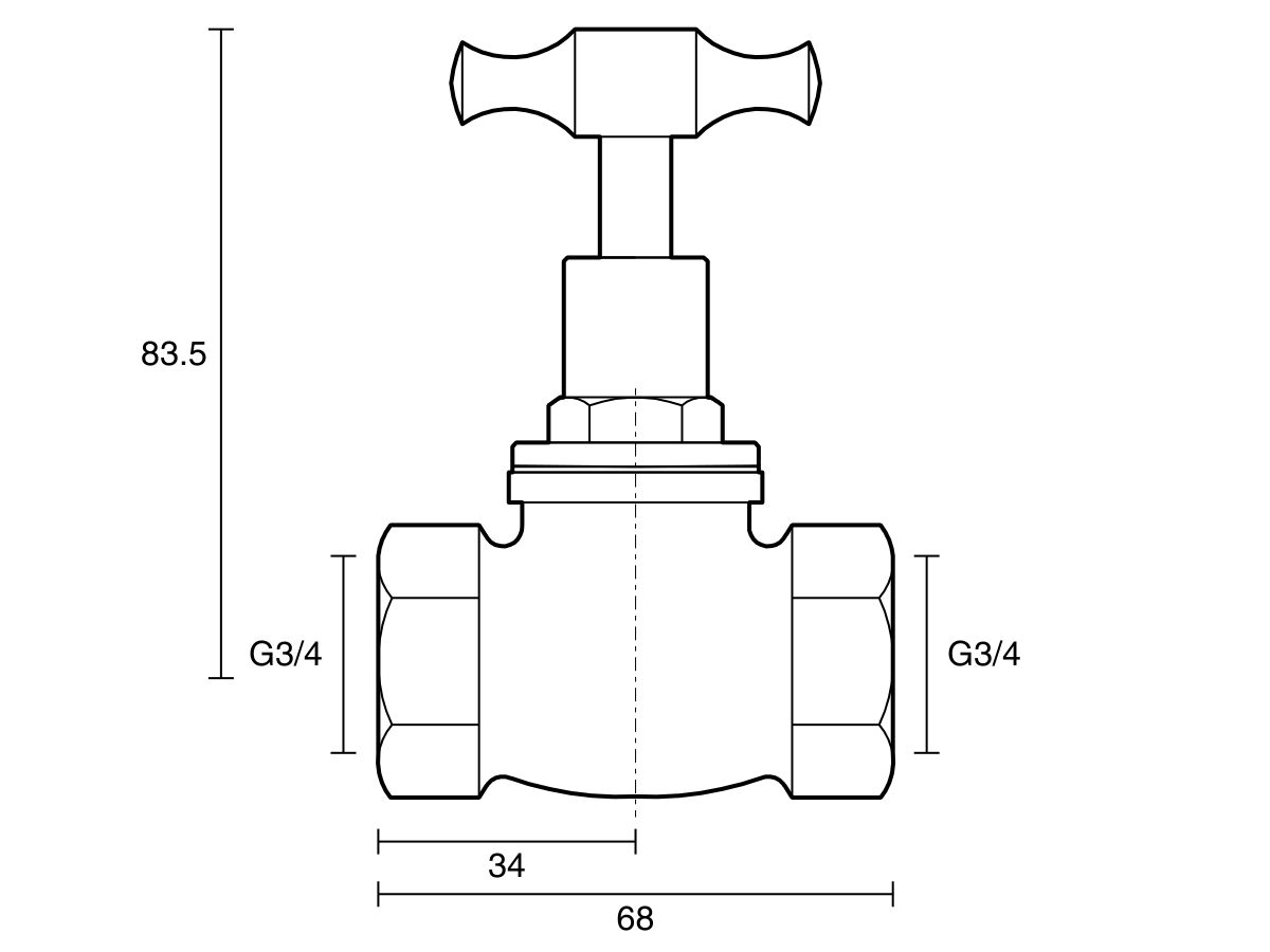 Technical Drawing - Dura Stop Tap Female & Female T-Head Rough Brass 20mm Lead Free